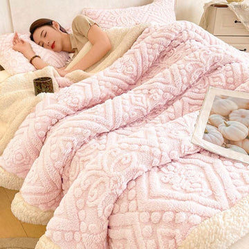 Coperta calda in pile Sherpa floreale di peluche - Rosa - Matrimoniale - image 0