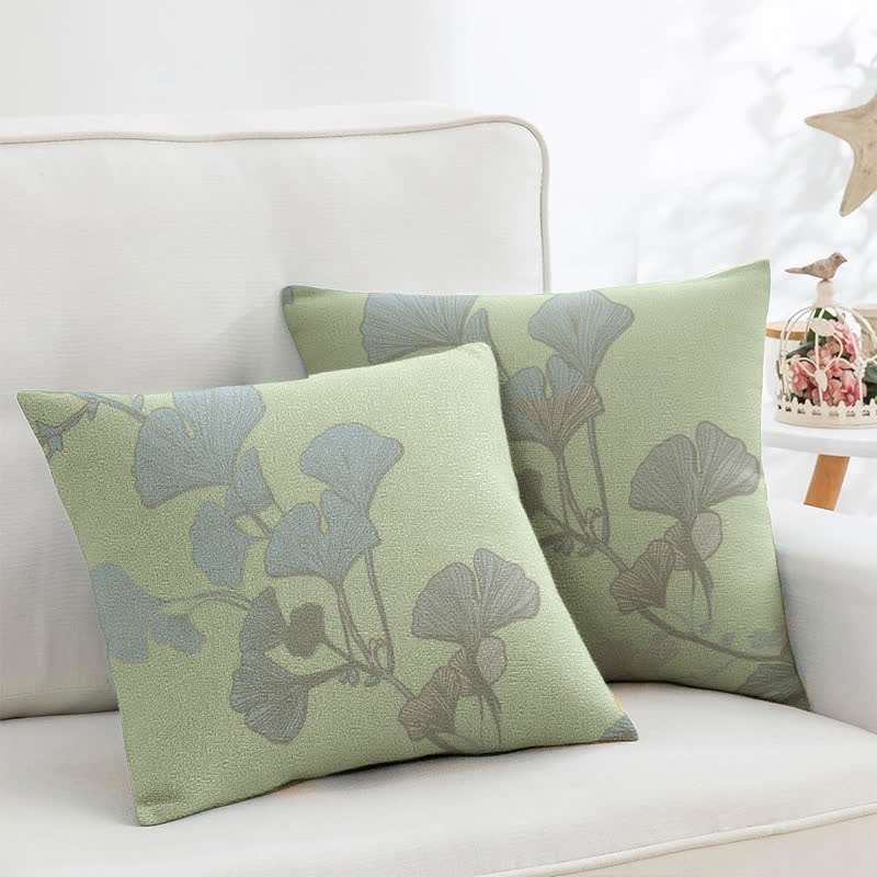 Federe quadrate in jacquard di cotone con foglie di ginkgo (2 pezzi) - Verde chiaro - image 0