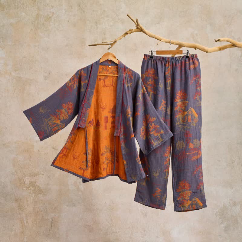 Pigiama in cotone con kimono con paesaggio neutro - image 0