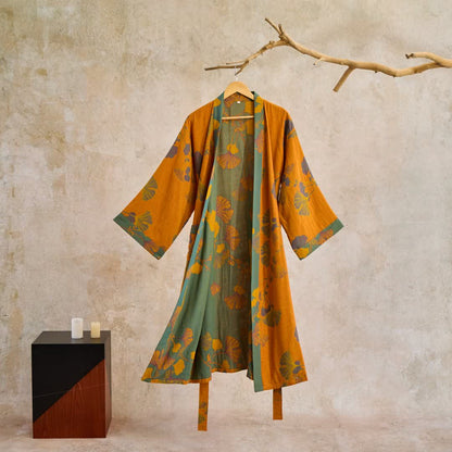 Grande kimono in cotone con foglie di ginkgo - Giallo e verde - XL - image 6