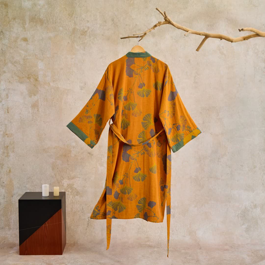 Grande kimono in cotone con foglie di ginkgo - image 11