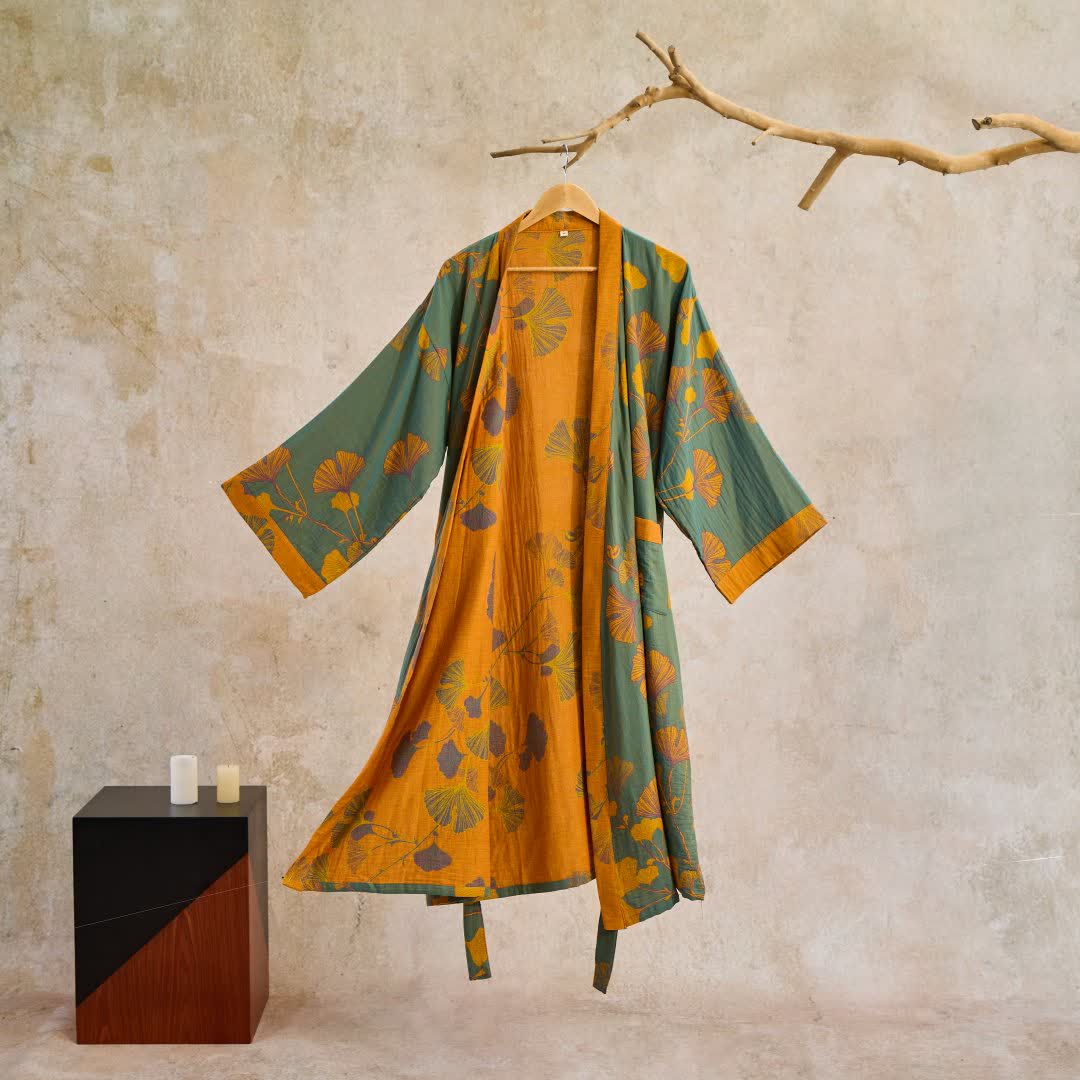 Grande kimono in cotone con foglie di ginkgo - Verde e giallo - XL - image 12