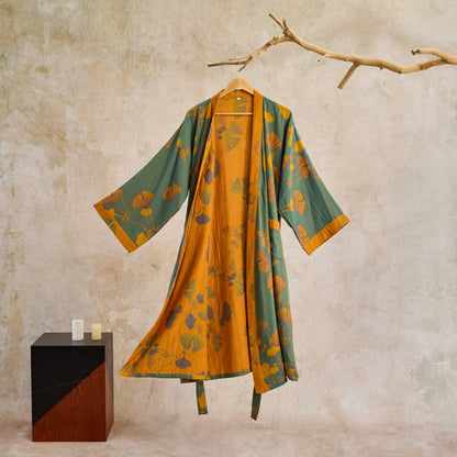 Grande kimono in cotone con foglie di ginkgo - Verde e giallo - XL - image 12
