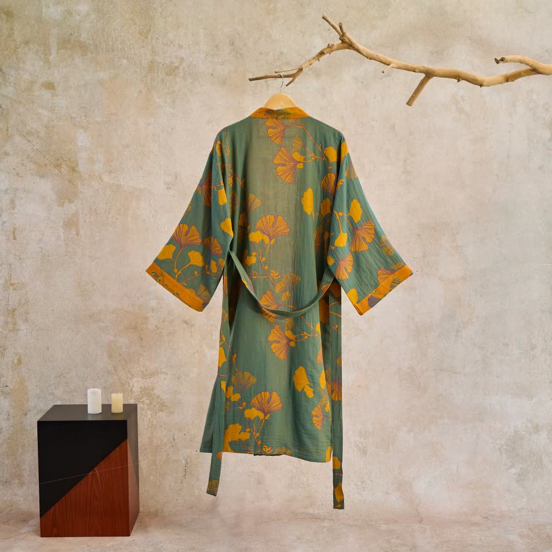 Grande kimono in cotone con foglie di ginkgo - image 13