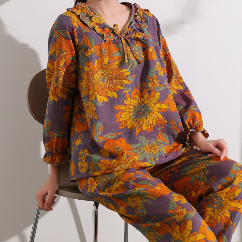 Ownkoti Chrysanthemum Jacquard Ruffled Cotton Loungewear - 4XL - image 0