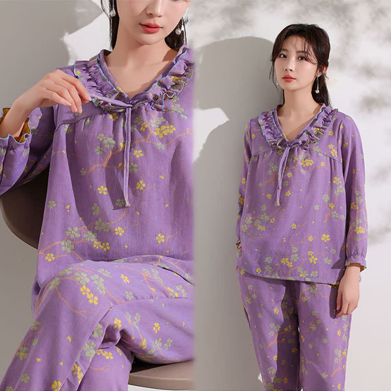 Completo da notte in cotone con volant e jacquard floreale Ownkoti - image 2