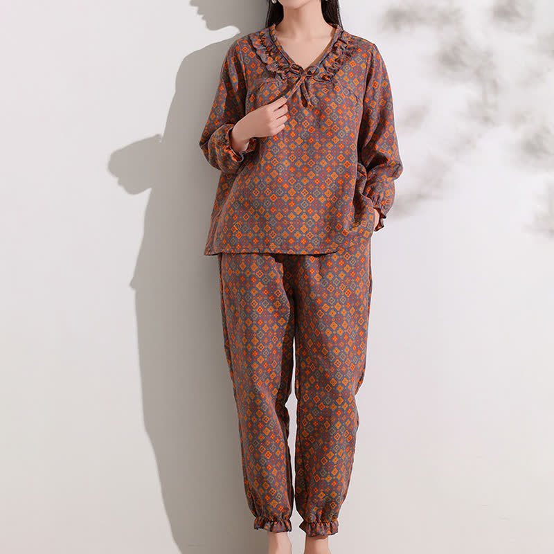 Completo da casa in cotone con volant e jacquard geometrico Ownkoti - 4XL - image 1