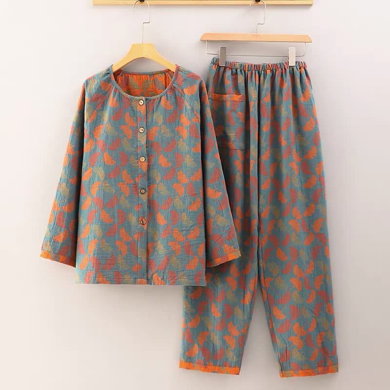 Completo da notte in cotone jacquard con foglie di ginkgo Ownkoti - 4XL - image 1