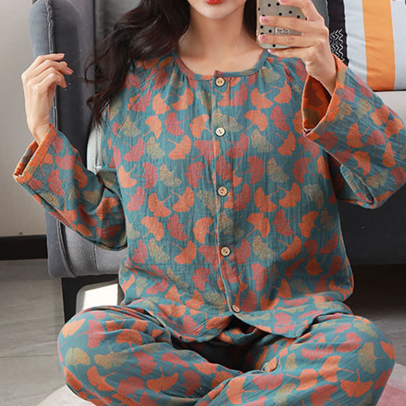 Completo da notte in cotone jacquard con foglie di ginkgo Ownkoti - image 3