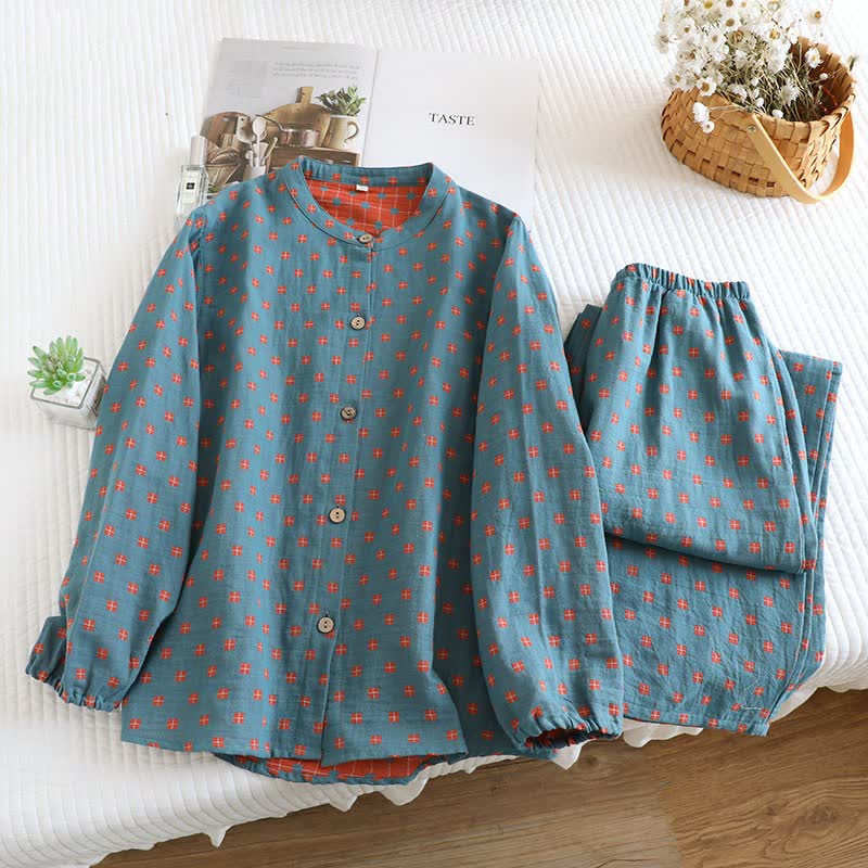 Ownkoti Grid Cotton Garze Maniche Lunghe Loungewear - Blu - 2XL - image 2