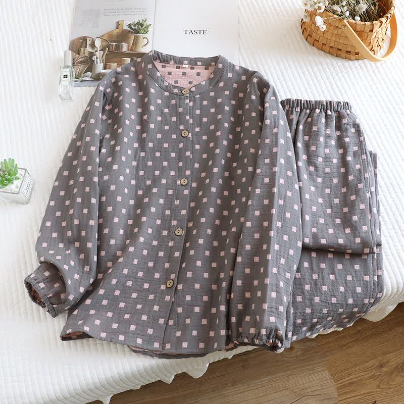 Ownkoti Grid Cotton Garze Maniche Lunghe Loungewear - Grigio - 2XL - image 4