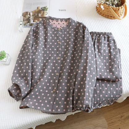 Ownkoti Grid Cotton Garze Maniche Lunghe Loungewear - Grigio - 2XL - image 4