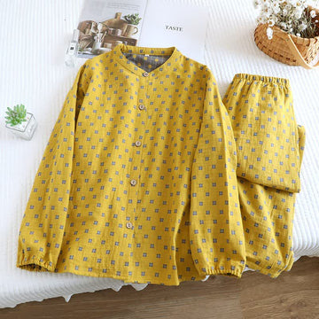 Abbigliamento da casa a maniche lunghe in garza di cotone a griglia - Giallo - 2XL - image 0