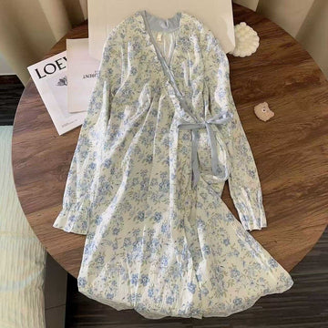 Camicia da notte con volant a maniche lunghe e motivo floreale blu Ownkoti - 2XL - image 0