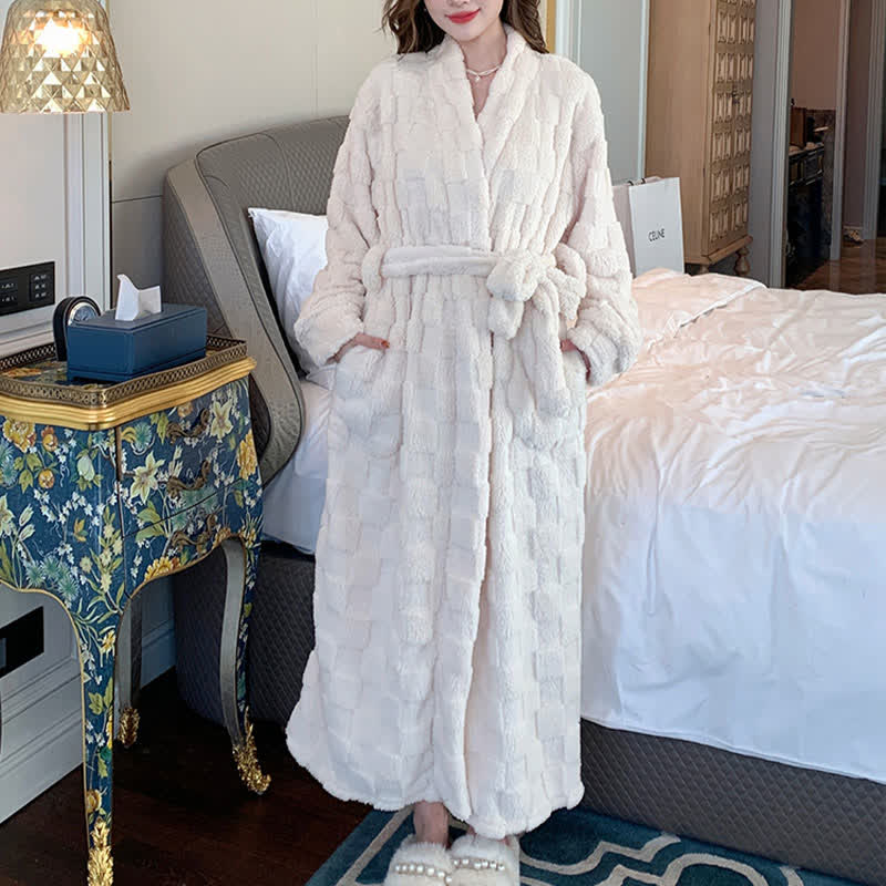 Accappatoio in peluche con trama a griglia tinta unita Ownkoti - Beige - Donne: 3XL - image 4