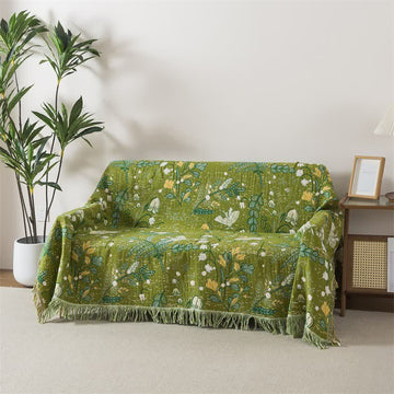 Coperta in cotone con nappe e motivo floreale a foglia verde Ownkoti - 200cm x 230cm - image 0