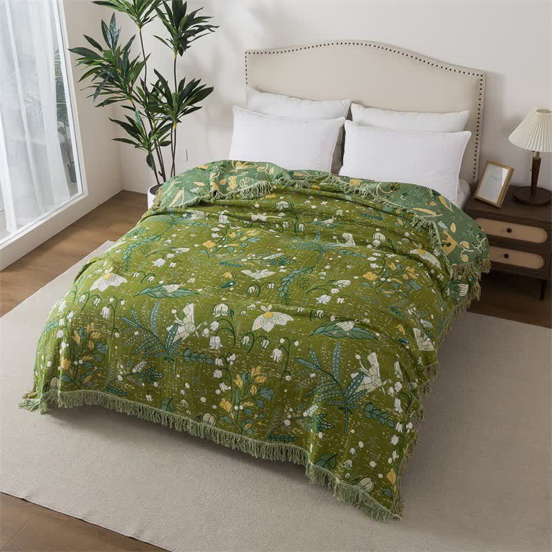 Coperta in cotone con nappe e motivo floreale a foglia verde Ownkoti - image 6