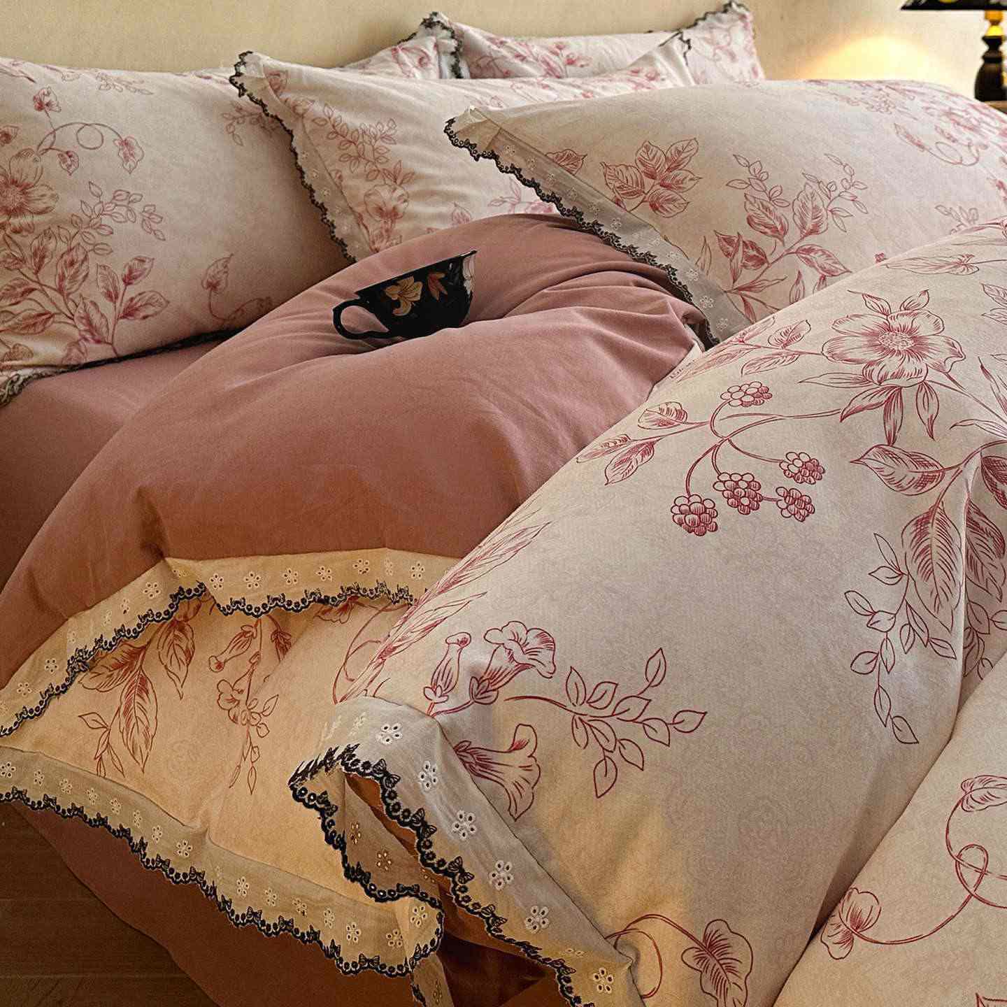 Set di biancheria da letto in pizzo floreale in cotone spazzolato Ownkoti - Rosa - Matrimoniale Grande - image 0