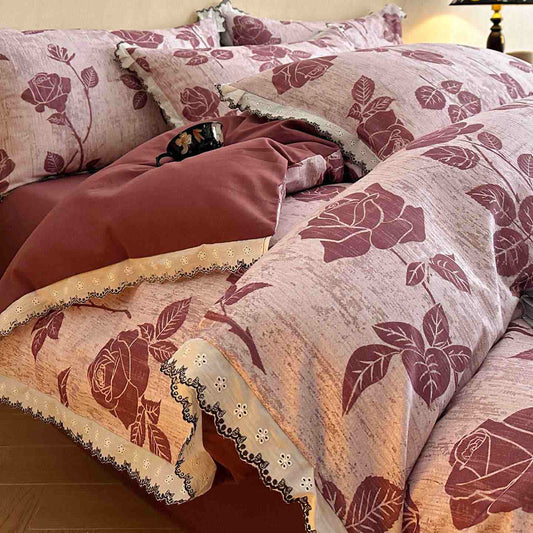 Set di biancheria da letto in pizzo rosa in cotone spazzolato Ownkoti - Rosso - Matrimoniale Grande - image 0