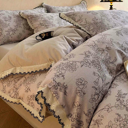 Set di biancheria da letto in cotone spazzolato con pizzo floreale artistico - image 0
