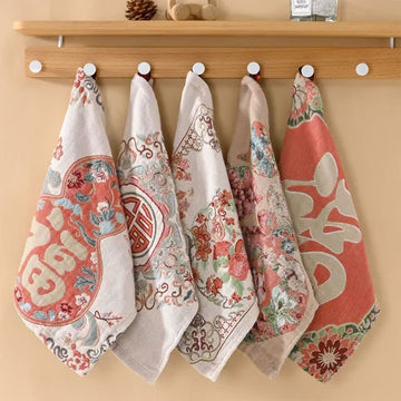 Asciugamano assorbente da cucina in cotone retrò di buon auspicio Ownkoti - Set di 5 - 35 cm x 35 cm - image 0