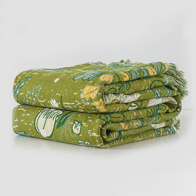 Coperta in cotone con nappe e motivo floreale a foglia verde Ownkoti - image 2