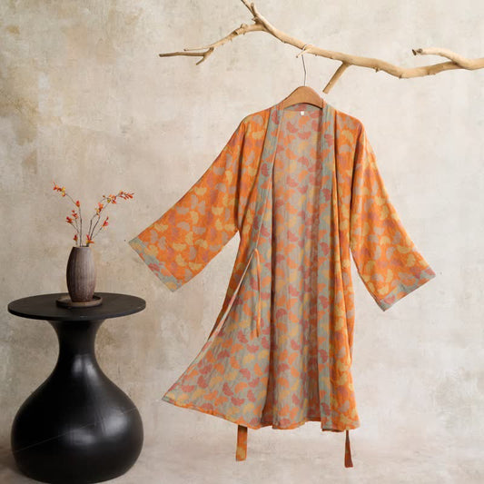 Kimono in cotone con foglie di ginkgo arancione Ownkoti - Arancia - L - image 0