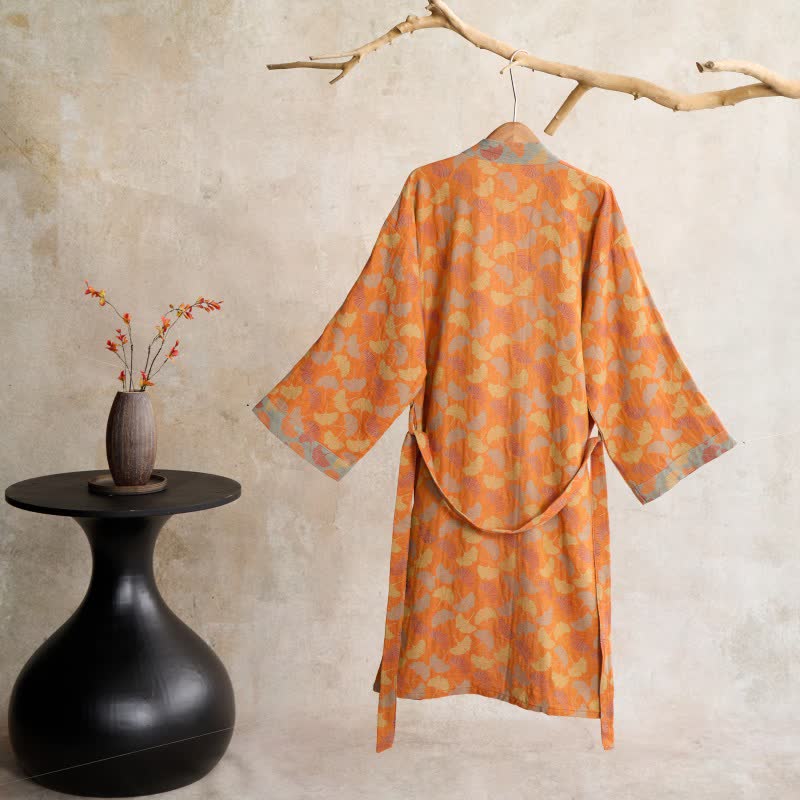 Kimono in cotone con foglie di ginkgo arancione Ownkoti - image 1