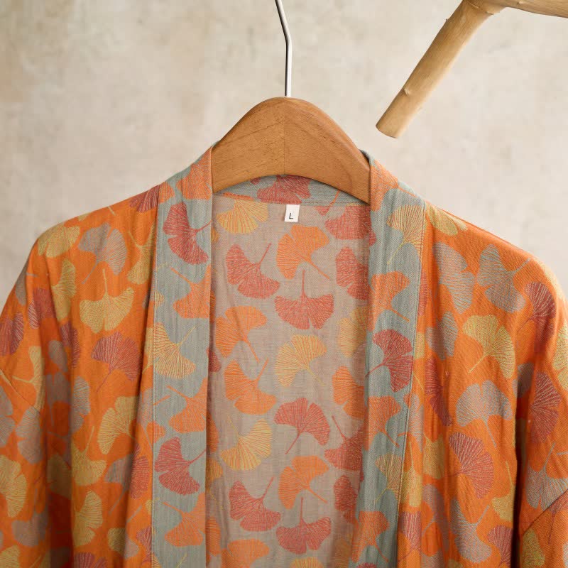 Kimono in cotone con foglie di ginkgo arancione Ownkoti - image 3