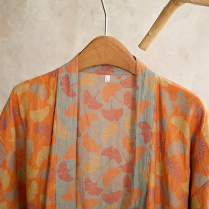 Kimono in cotone con foglie di ginkgo arancione Ownkoti - image 3