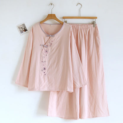 Completo da notte ricamato floreale in stile orientale Ownkoti - Rosa chiaro - XL - image 4