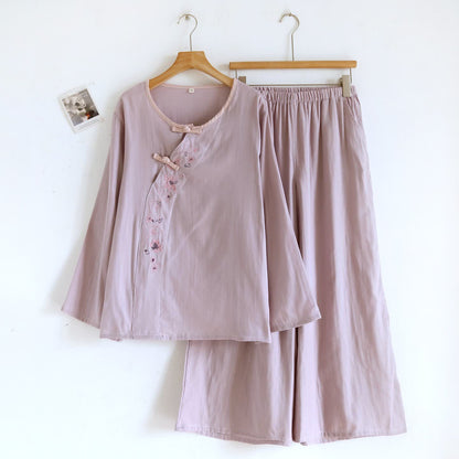 Completo da notte ricamato floreale in stile orientale Ownkoti - Viola chiaro - XL - image 3