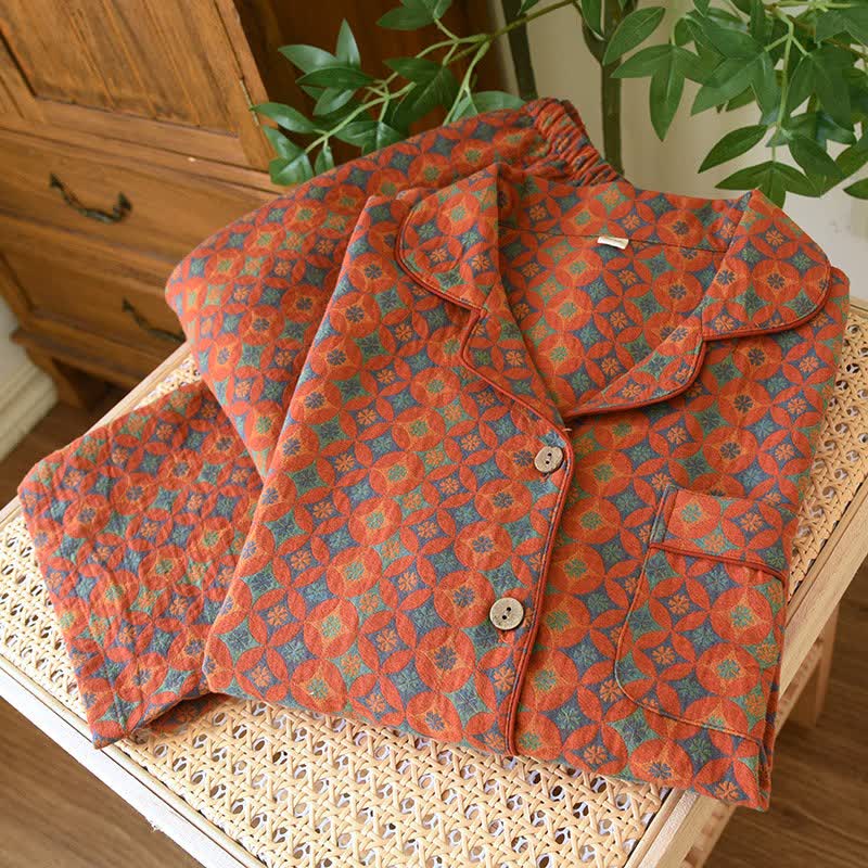 Ownkoti - Abbigliamento da casa in garza di cotone con motivo geometrico retrò - Arancia - 2XL - image 0
