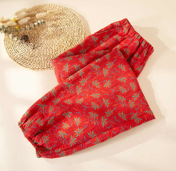 Pantaloni del pigiama in garza di cotone con motivo a foglie - Rosso - XL - image 0