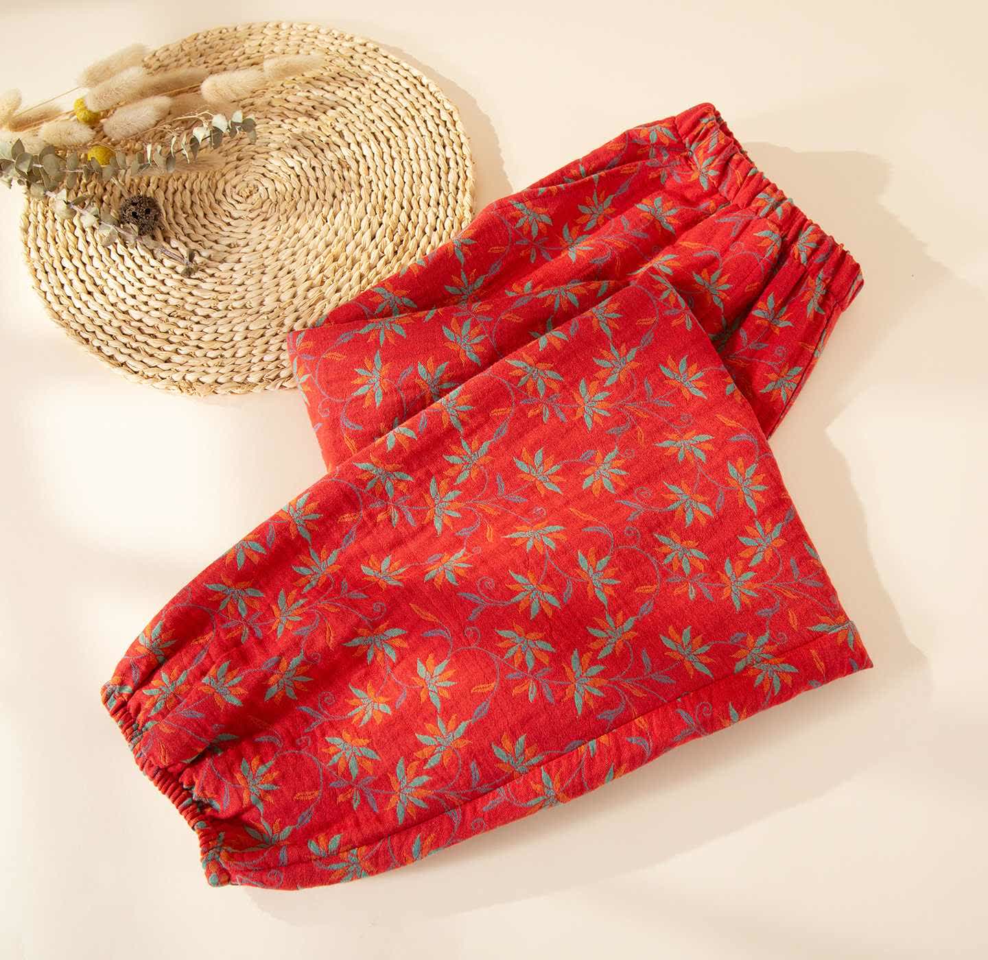 Pantaloni del pigiama in garza di cotone ispirati alle foglie di Ownkoti - Rosso - XL - image 0