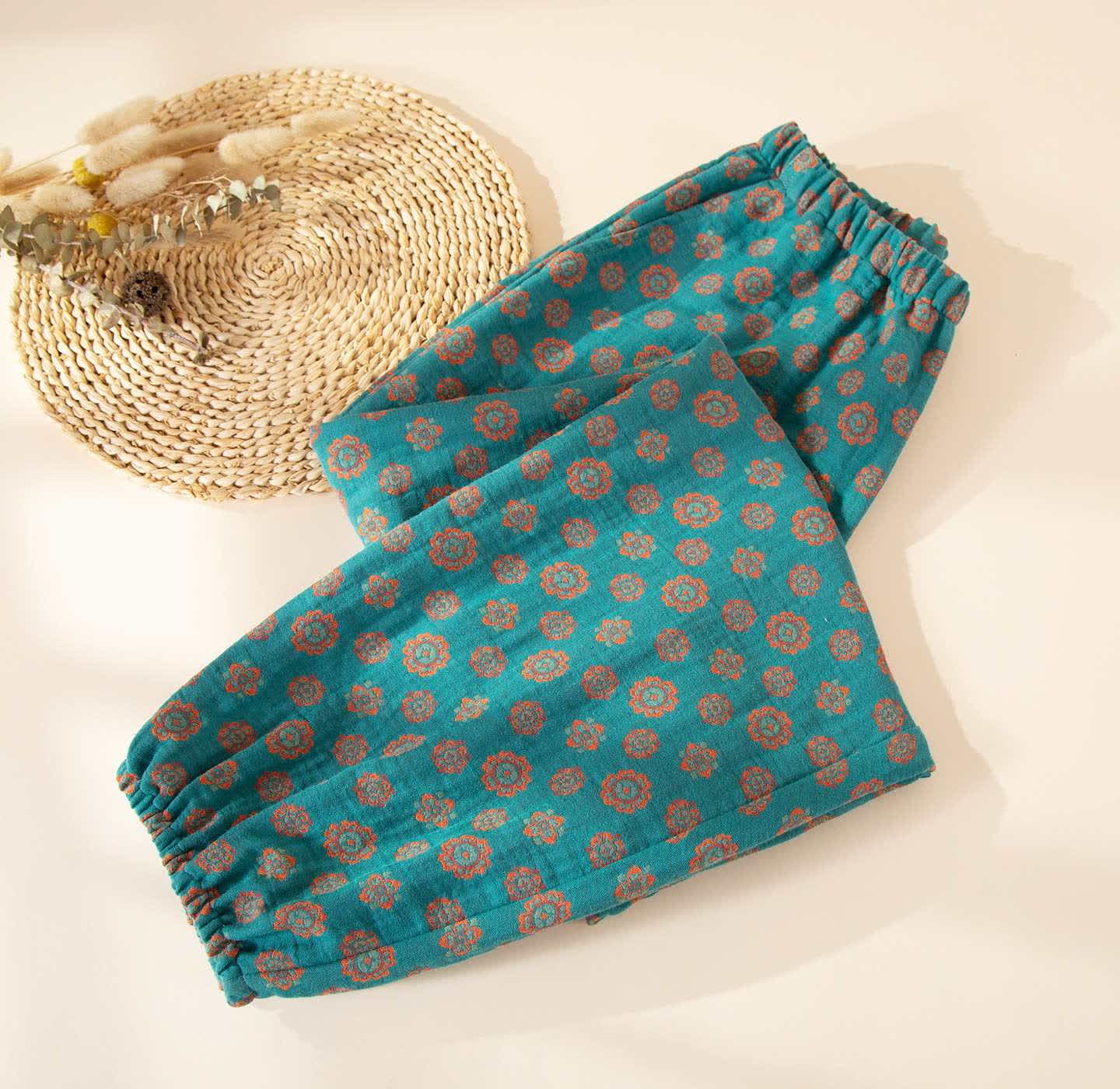 Pantaloni del pigiama in garza di cotone floreale vintage Ownkoti - Ciano - 2XL - image 0