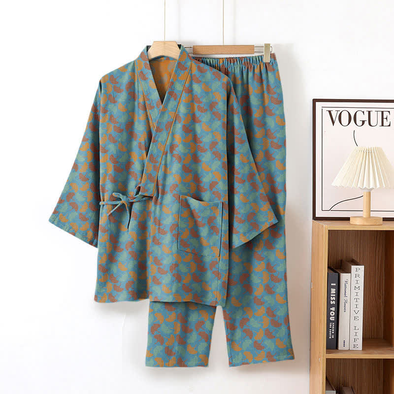 Completo da salotto in kimono di cotone con foglie di ginkgo - Blu - XL - image 1