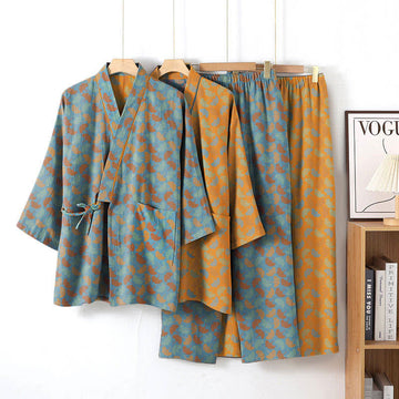 Completo da salotto in kimono di cotone con foglie di ginkgo - image 0