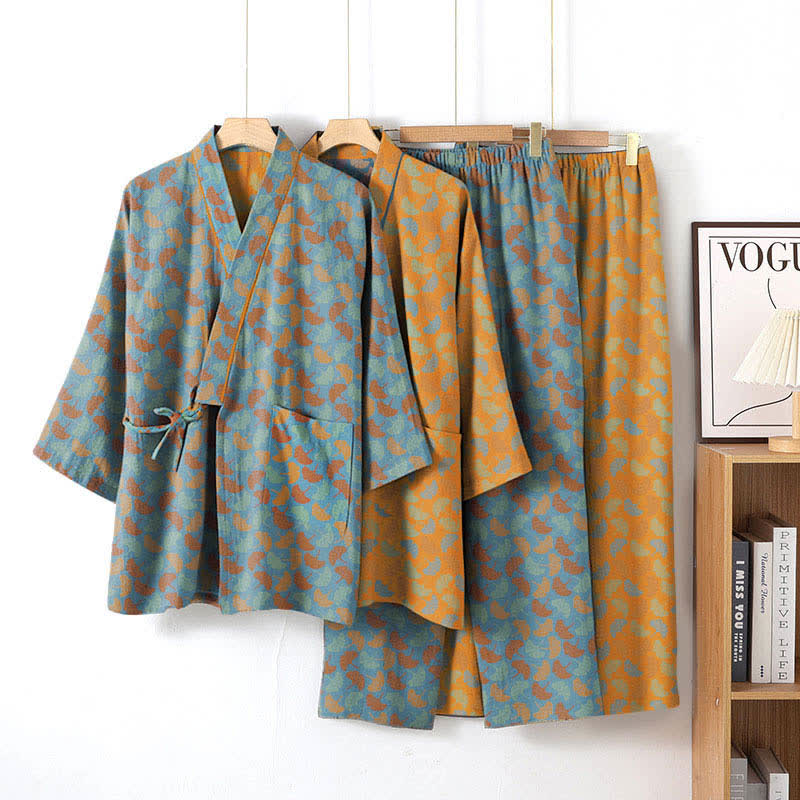 Completo da salotto in kimono di cotone con foglie di ginkgo - image 0
