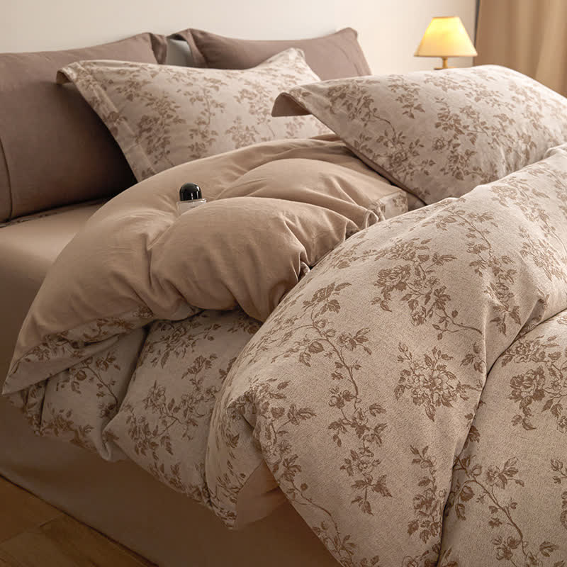 Set di biancheria da letto in garza di cotone con elegante motivo floreale Ownkoti - Caffè - Matrimoniale Grande - image 4