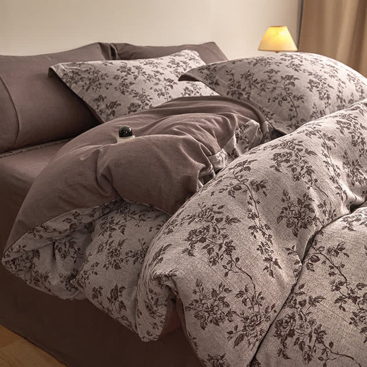 Set di biancheria da letto in garza di cotone con elegante motivo floreale Ownkoti - Caffè scuro - Matrimoniale Grande - image 0