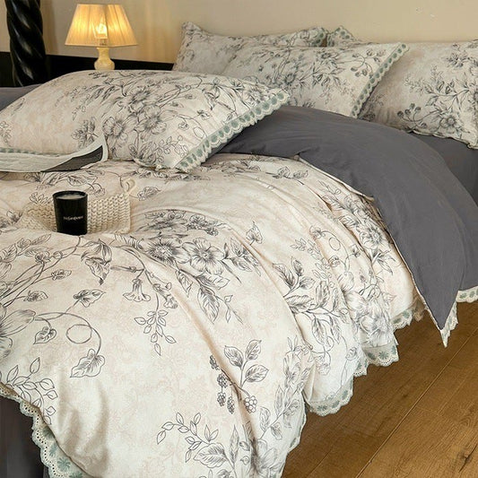 Biancheria da letto in puro cotone vintage botanico Ownkoti - Grigio - Matrimoniale Grande - image 0