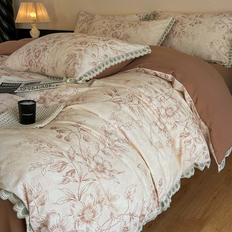 Biancheria da letto in puro cotone vintage botanico Ownkoti - Caffè - Matrimoniale Grande - image 13