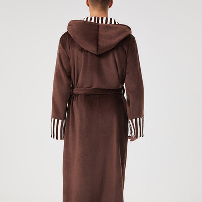 Accappatoio unisex in peluche con cappuccio e colletto a righe - image 6