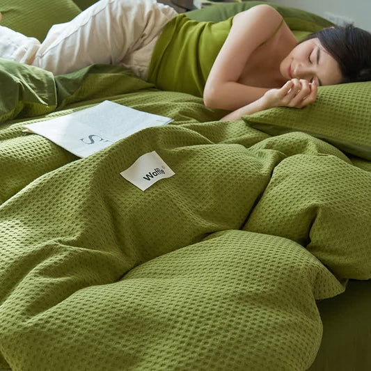 Set di biancheria da letto in cotone a trama waffle - Verde oliva - Matrimoniale Grande - image 0