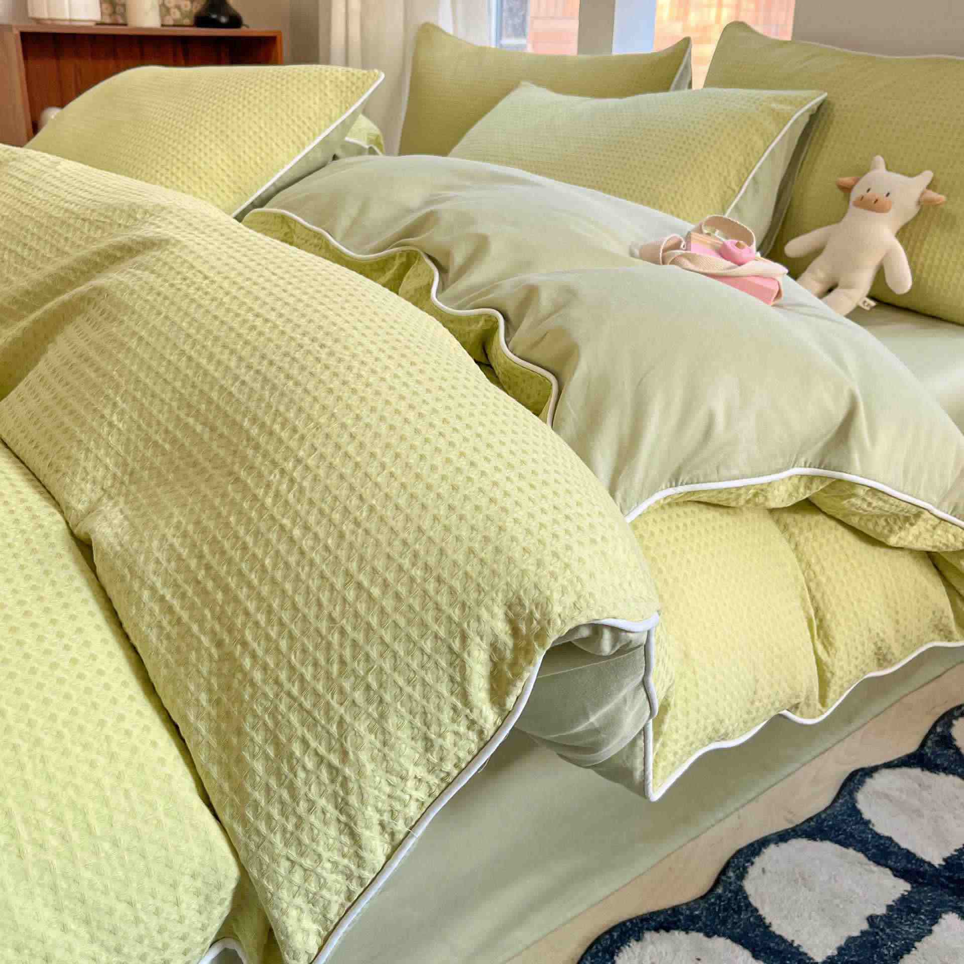 Set di biancheria da letto minimalista in cotone a nido d'ape - Verde chiaro - Matrimoniale Grande - image 9