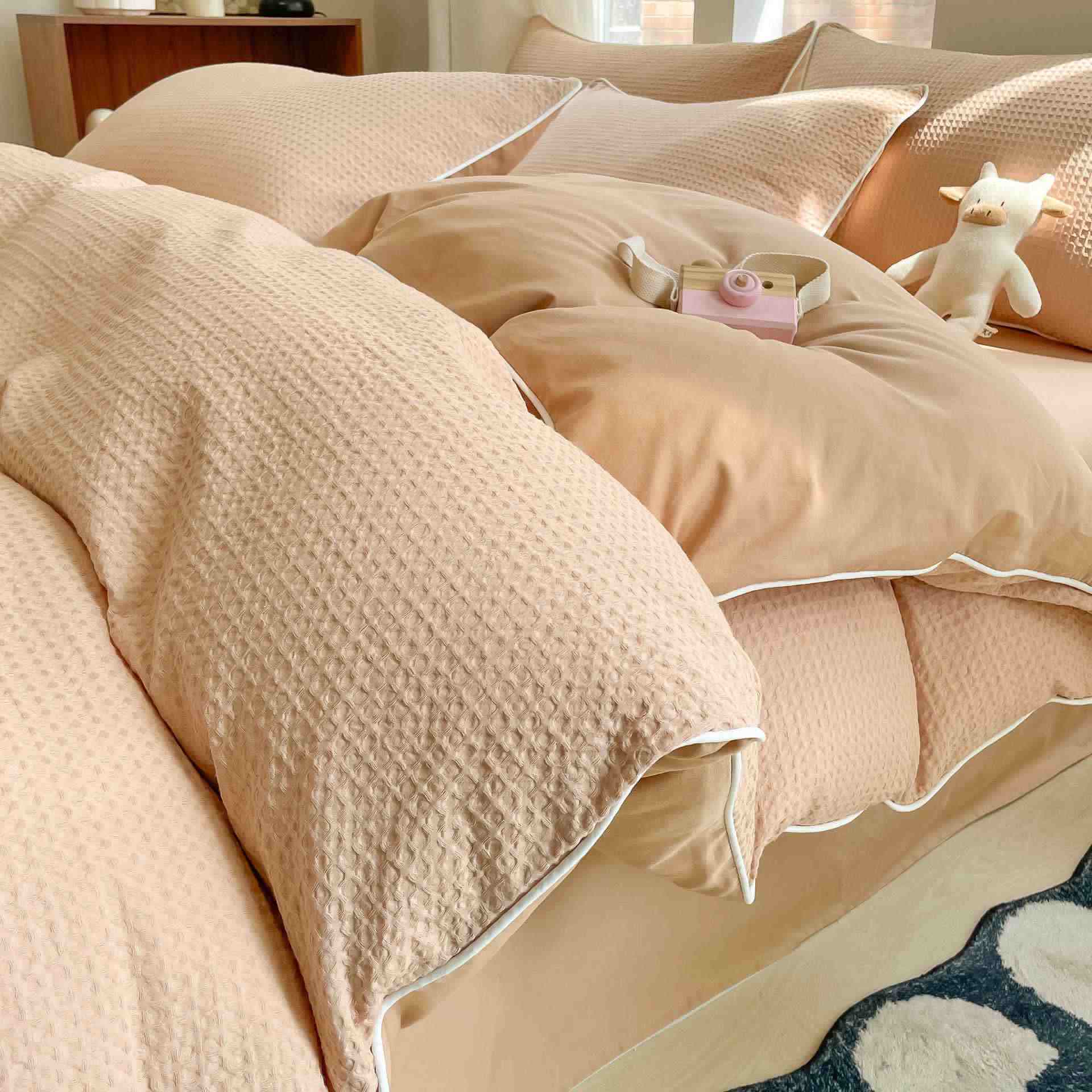 Set di biancheria da letto minimalista in cotone a nido d'ape - Cachi - Matrimoniale Grande - image 12