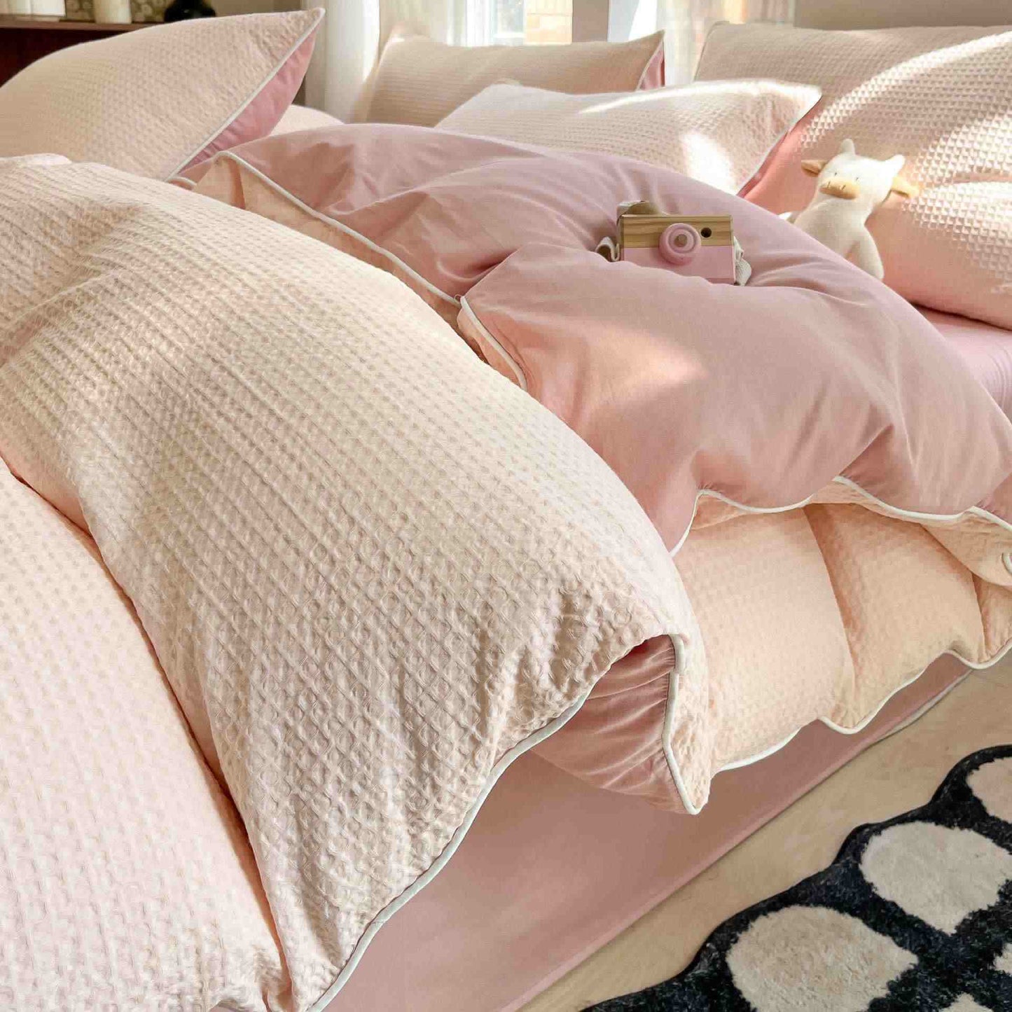 Set di biancheria da letto minimalista in cotone a nido d'ape - Rosa chiaro - Matrimoniale Grande - image 10