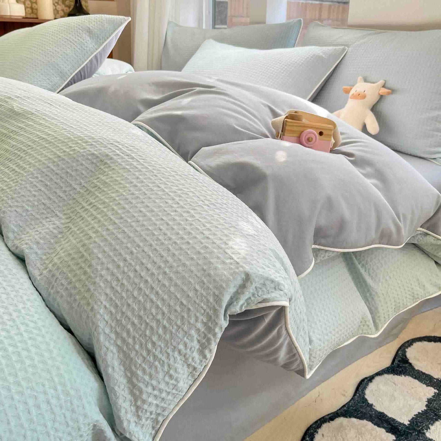 Set di biancheria da letto minimalista in cotone a nido d'ape - Azzurro cielo - Matrimoniale Grande - image 8