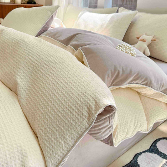 Set di biancheria da letto minimalista in cotone a nido d'ape - Beige e grigio - Matrimoniale Grande - image 0